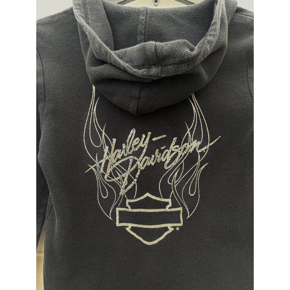 Harley-Davidson Women’s S/M Hoodie Sparkly Logo Waffle Knit Cotton Black Y2K
